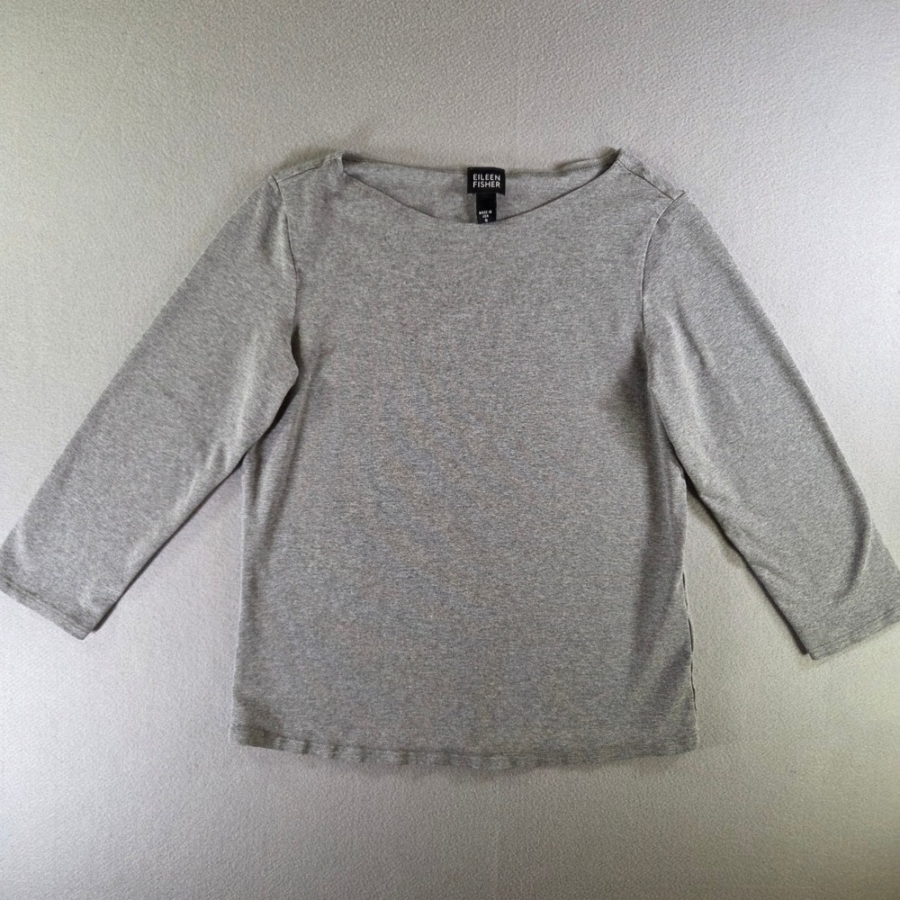 Eileen Fisher Gray Boat Neck 3/4 Sleeve Stretch Top Size S Minimalist Basic